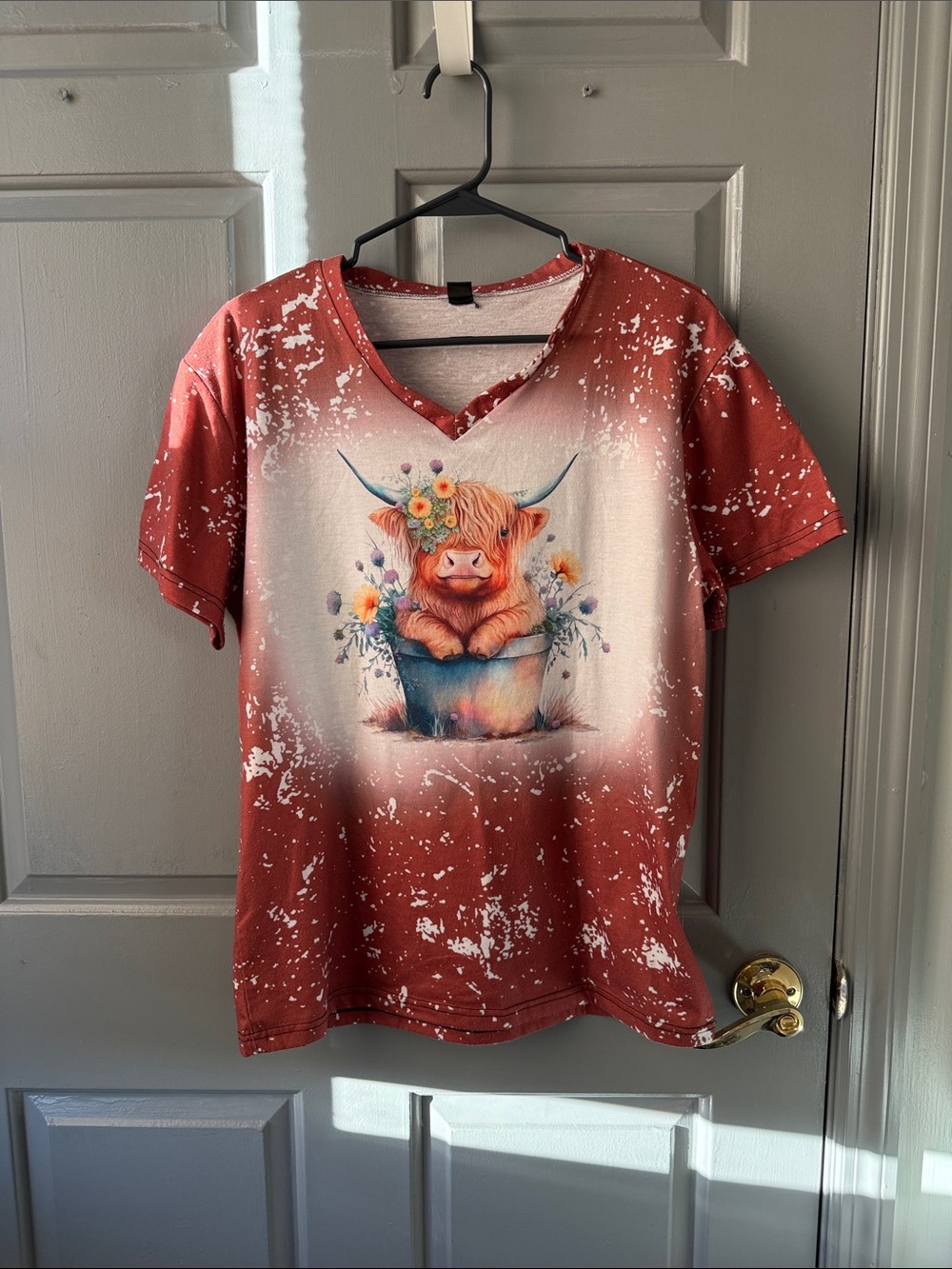 Rust Red Short Sleeve Tee with Floral Highland Cow Graphic